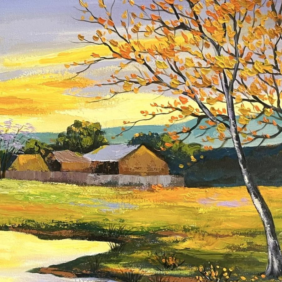 Nét khung tranh sơn dầu- Chiều thu bên hồ