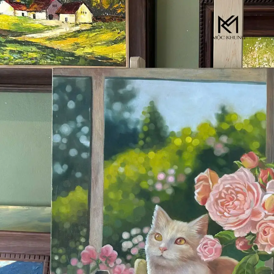 Tranh sơn dầu - Mèo vàng Bên Cửa Sổ 2 Mèo vàng Bên Cửa Sổ - Tranh sơn dầu vẽ tay