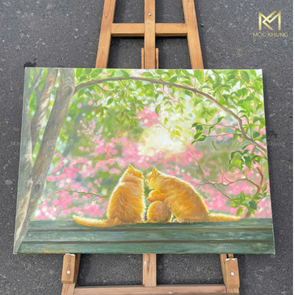 tranh sơn dầu gia đình mèo