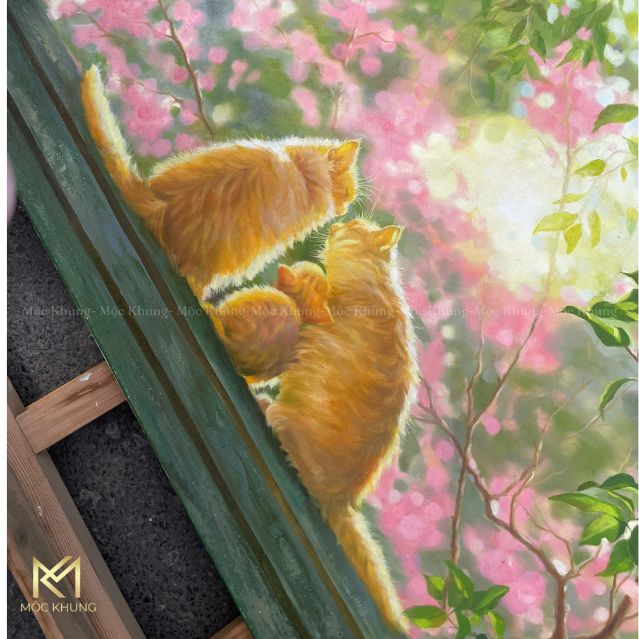 tranh sơn dầu gia đình mèo