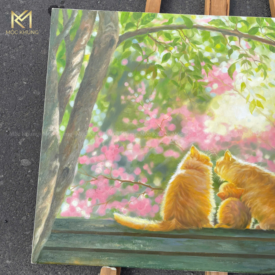 tranh sơn dầu gia đình mèo