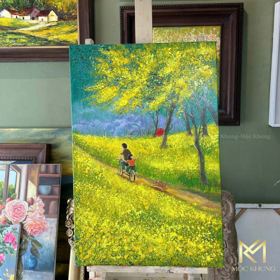 tranh sơn dầu hoa vàng trên cỏ xanh