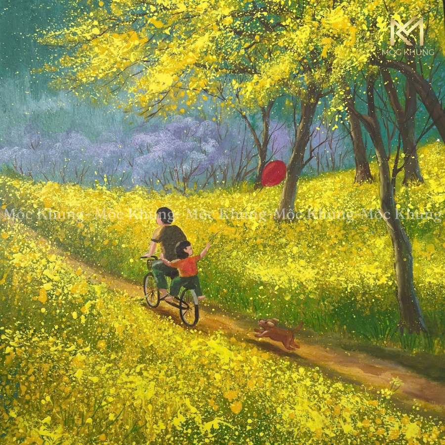 tranh sơn dầu hoa vàng trên cỏ xanh