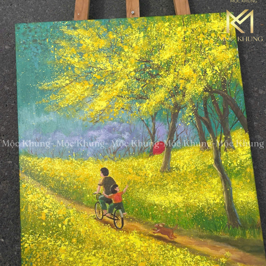 tranh sơn dầu hoa vàng trên cỏ xanh