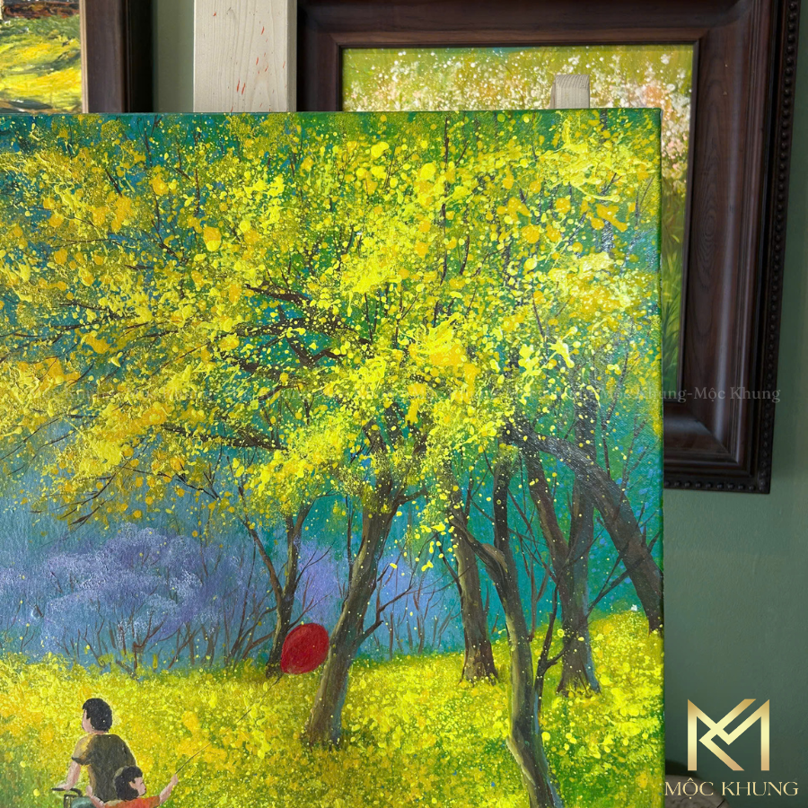 tranh sơn dầu hoa vàng trên cỏ xanh